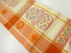 アンティーク　手織り紬格子に花模様織出し袋帯（材料）